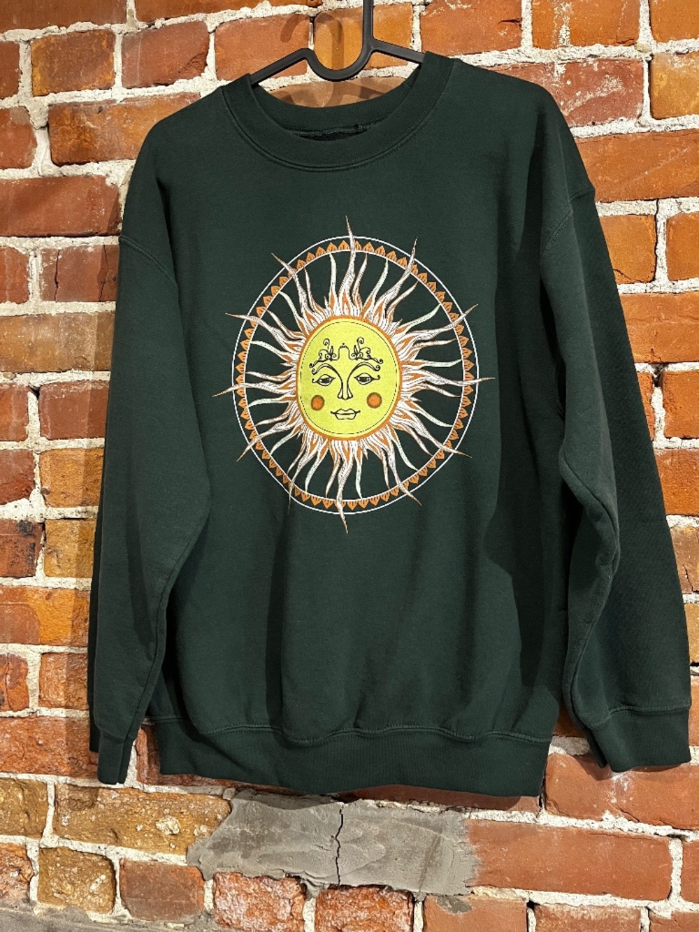 Vintage Forest Green Celestial Sun Graphic Crewneck Sweatshirt